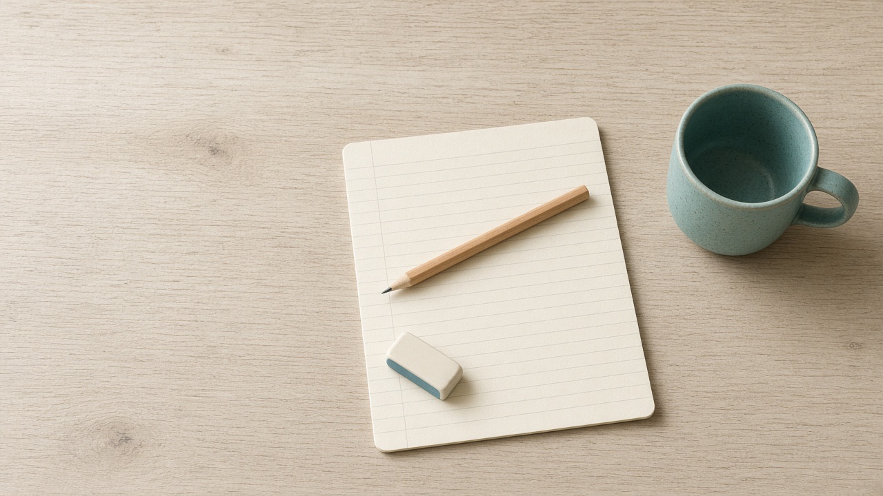 Tidy desk with a ruled sheet, pencil, eraser and a mug