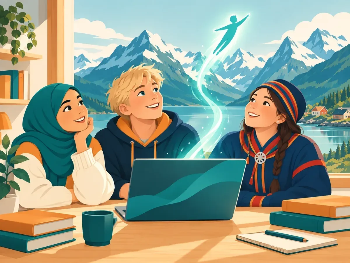 Three students watching a glowing figure rise from a laptop toward mountain peaks