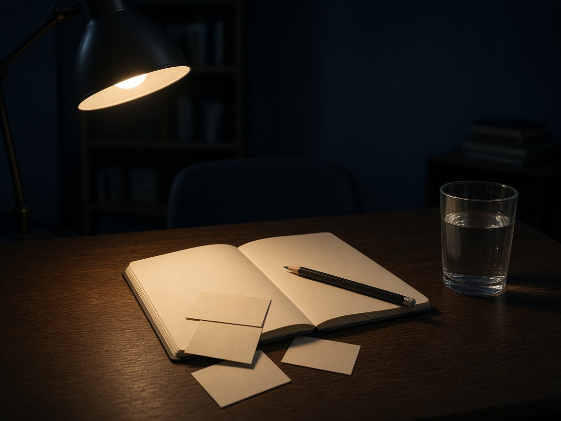 Desk at night lit by a single lamp, with a notebook, cards and a glass of water